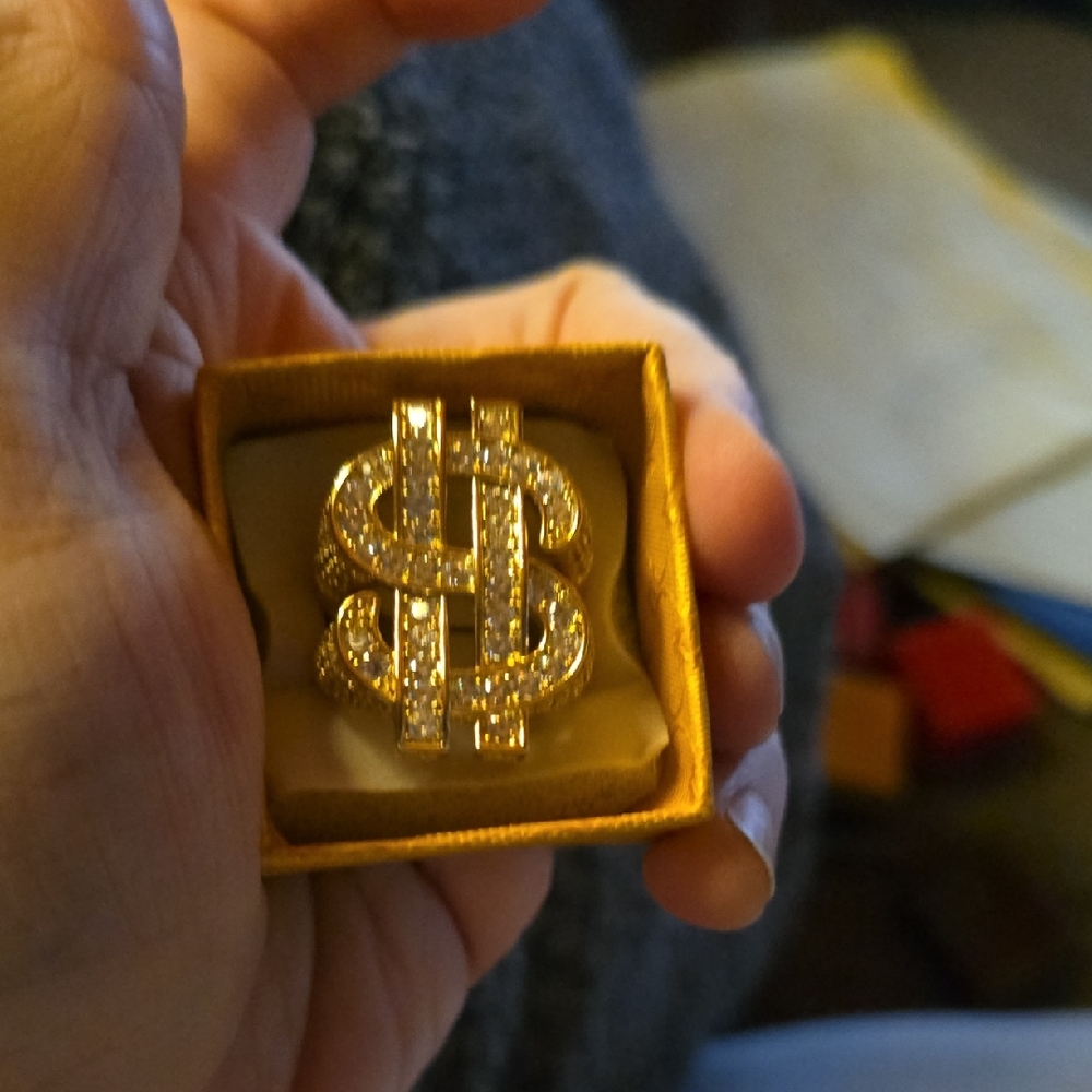 Gold Filled And Moissanite Dollar Sign Ring with Crystals